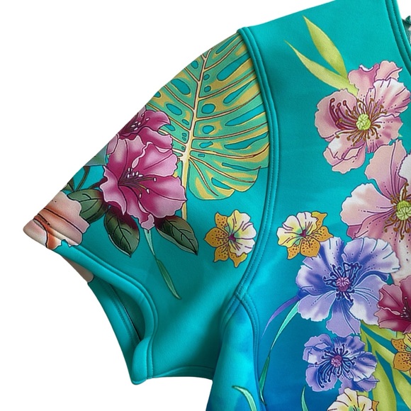 Johnny Was Swimsuit One Piece Zip Neoprene Blue Teal Tie Dye Floral Medium - Picture 3 of 13